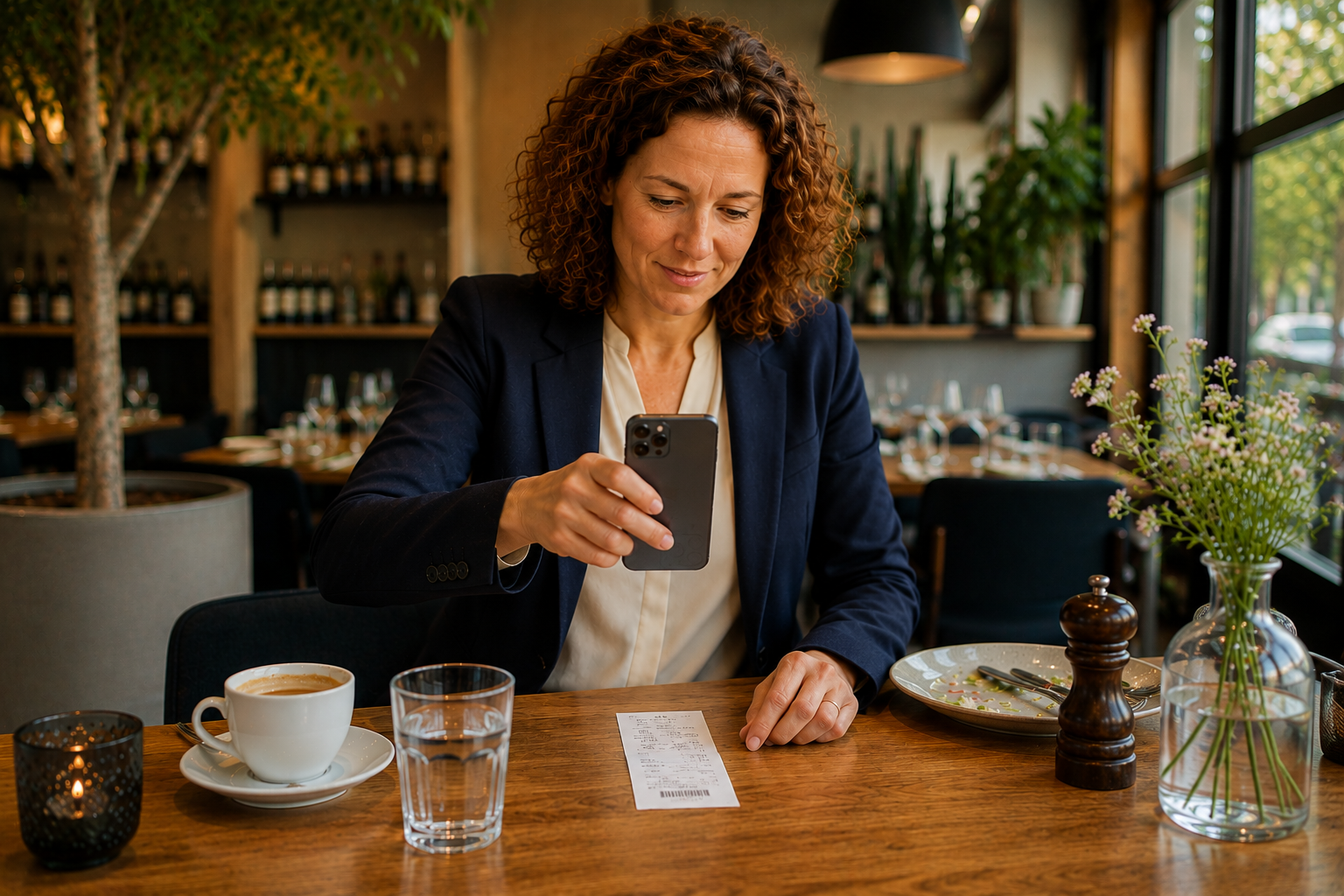 Ondernemer scant een bon met haar telefoon in het restaurant