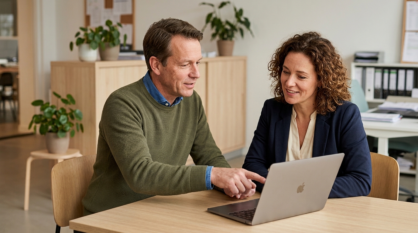 Accountant bespreekt de boekhouding met een klant achter de laptop