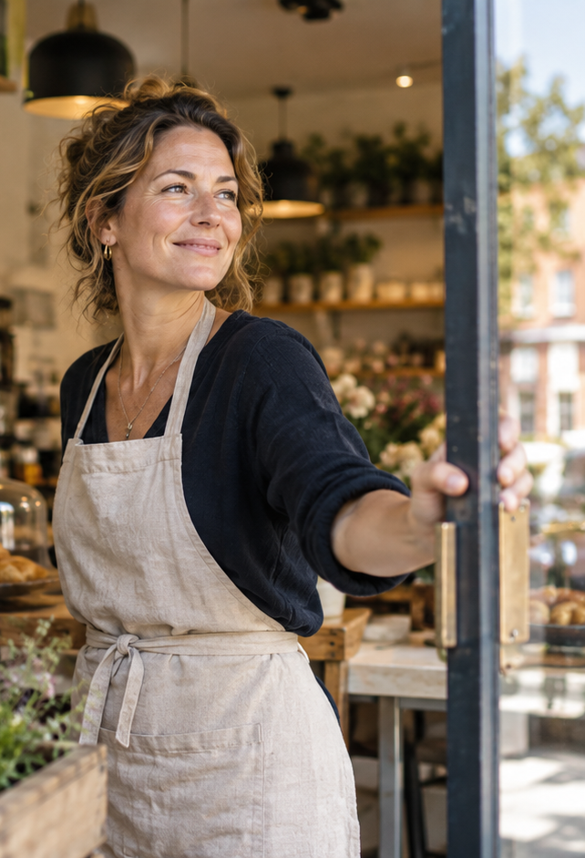 Ondernemer in de deuropening van haar winkel