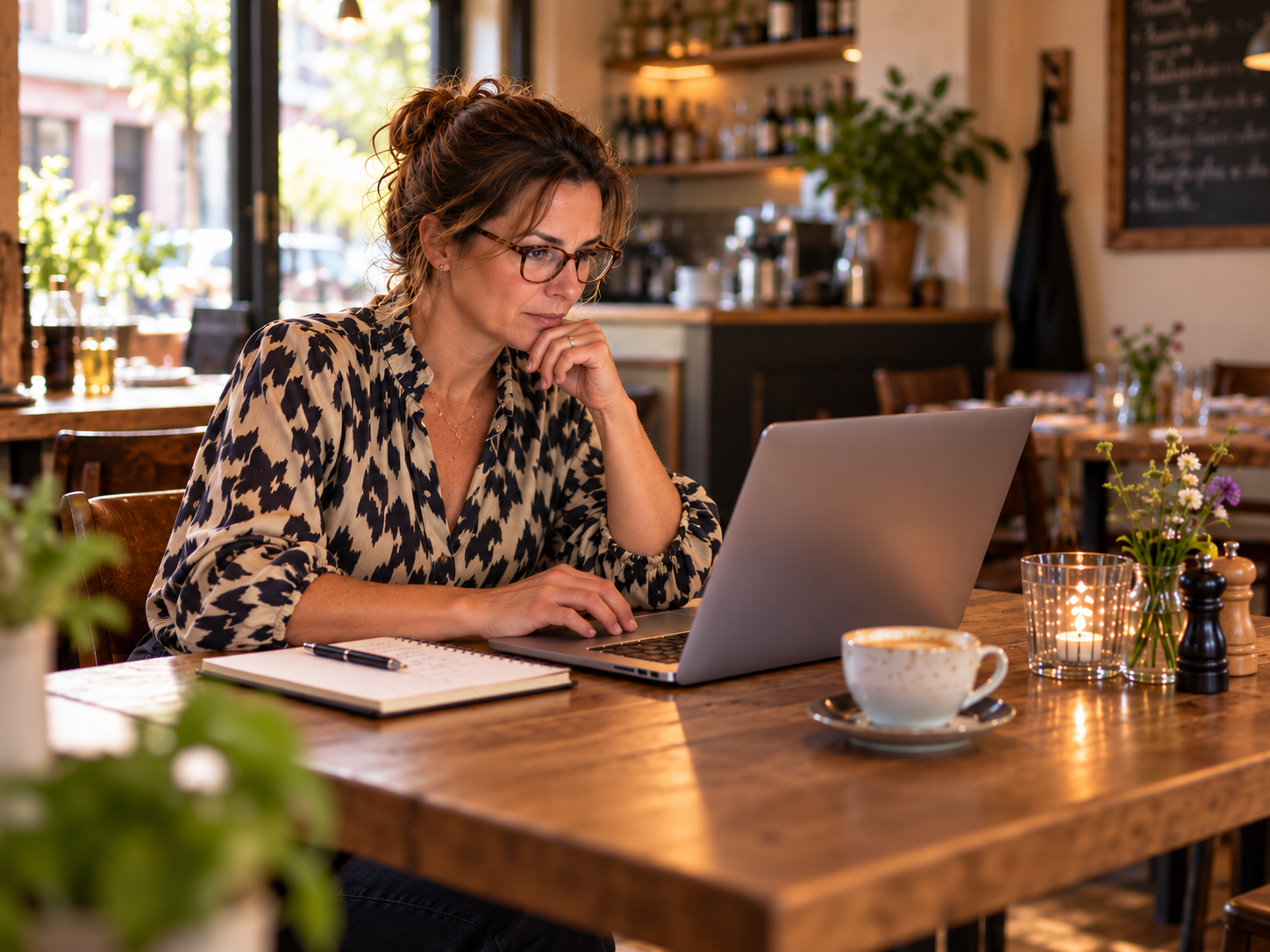 Liesbeth, restauranteigenaar, aan haar laptop in het restaurant