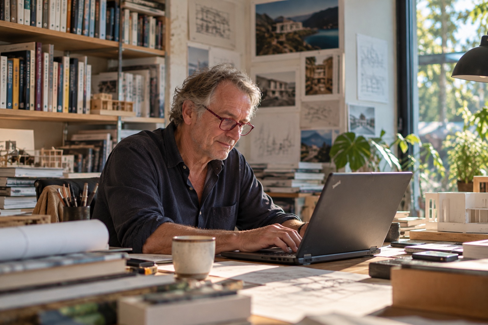 Hans, architect, aan zijn laptop in zijn studio