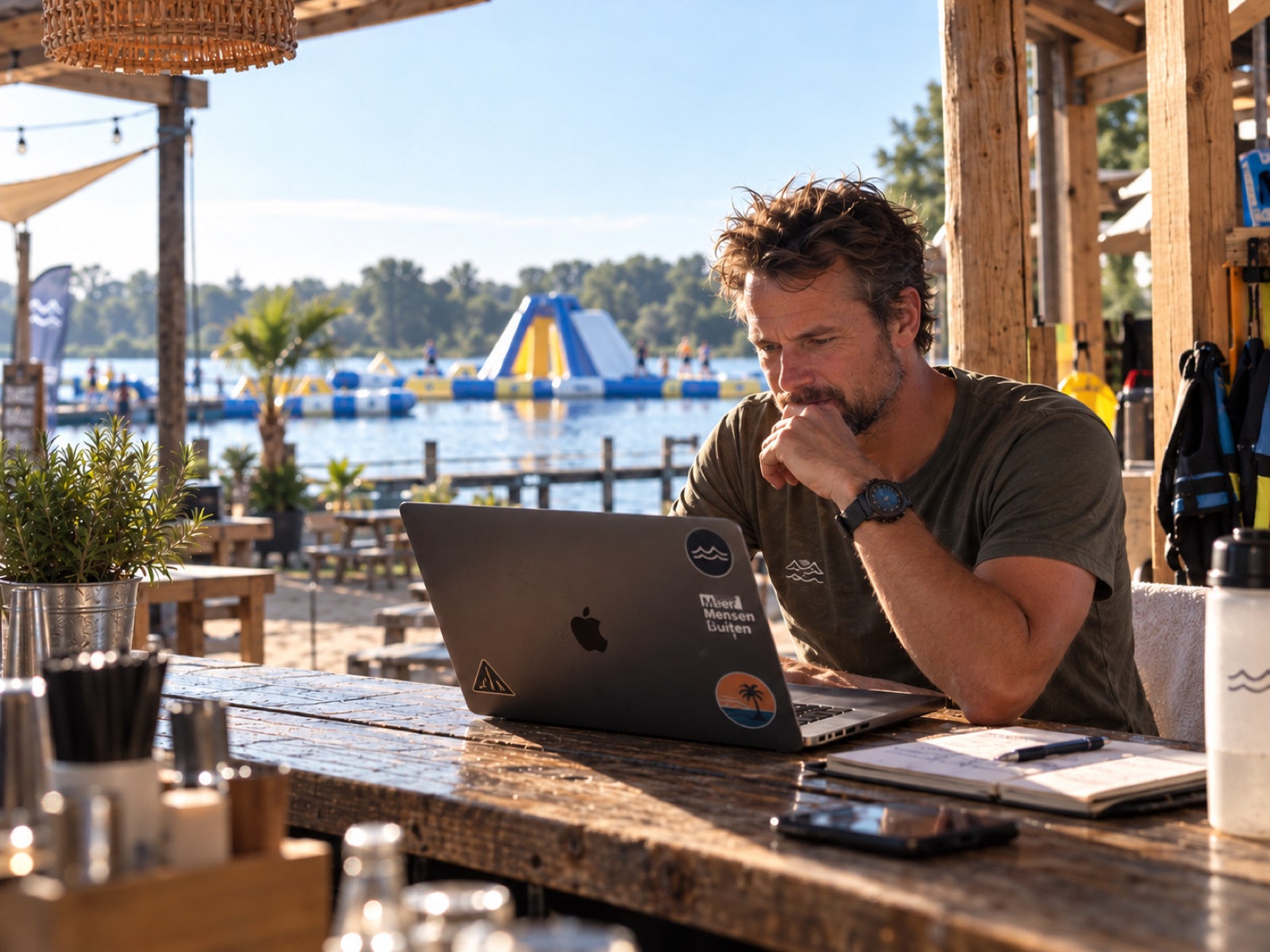 Pieter aan de picknicktafel bij het water met zijn laptop